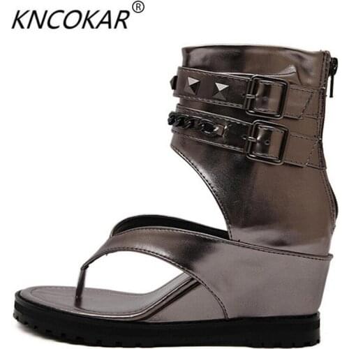 KNCOKAR2018The new clip toe comfort high heel female sandals Roman high help increase womens shoes chun xia genuine leather sho