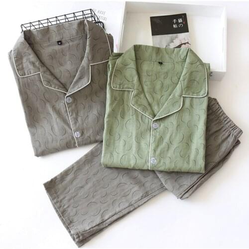 New Autumn Mens Crepe 100% Cotton Gauze Suit Long Sleeves Trousers Mens Pajama Set Men Sleepwear Cartoon Nightwear 2 Piece Set