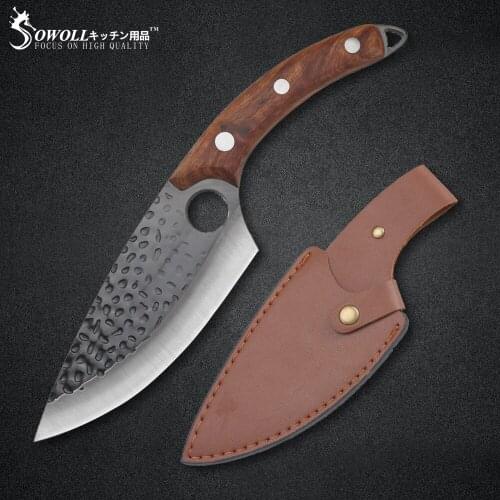 Sowoll Stainless Steel Chef Knife 6'' INCH Slaughter Filleting Knife Leather Cover Sheath Wood Handle Chopper Slicer Tools