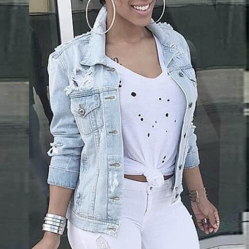 Autumn Womens Ripped Denim Jackets Street Fashion Solid Long Sleeve Hole Hollow Out Slim Large Size Jeans Coat Short Jackets