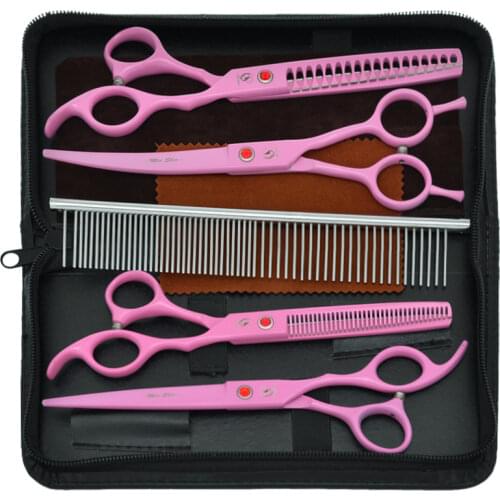 7.0" Pink Professional Pets Grooming Scissors Dogs Cat Hairdressing Shear Animals Cutting Thinning Curved Haircut Tijeras B0037A