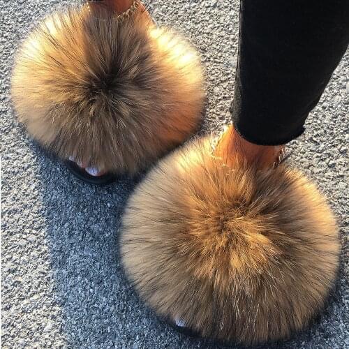 Big Fur Slides Real Fox Raccoon Fur Slippers Women Fluffy Flip Flops Beach Flat Sandals Plush House Slippers Female Summer Shoes