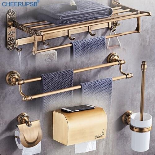 Bathroom Vintage Gold Accessories Wall Mount Bath Towel Hanger Space Aluminum Roll Paper Box Luxury Soap Holder Hardware Set Kit