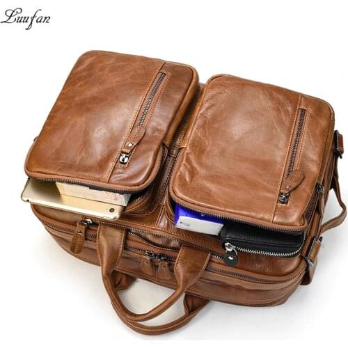 Vintage Men Business Briefcase Bag Multifunction Genuine Leather 14 inch Laptop Bag Double Layer Handbag Cowhide Shoulder Bag