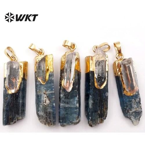 WT-P1390 Vintage Style Irregular Shape Natutal Blue Kyanite With Quartz Charms Gold Capped Pendant For Women Fashion Jewelry