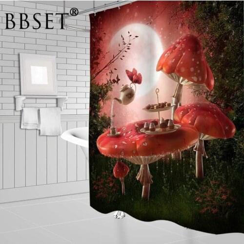 Fantasy Garden Shower Curtain Pink Mushroom Dinner Table Tea Sets Pattern Waterproof Multi-size Cortina De Bano Bathroom Decor