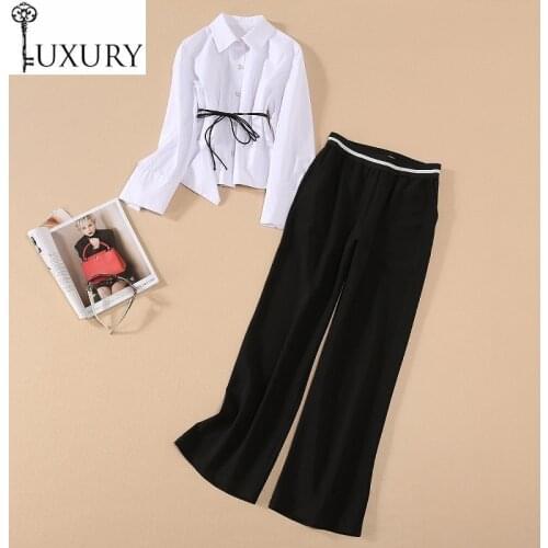 Quality Suits 2020 High Summer Business Set Women Turn-down Collar Long Sleeve White Shirt+High Waist Black Pant Sets 2 Pcs