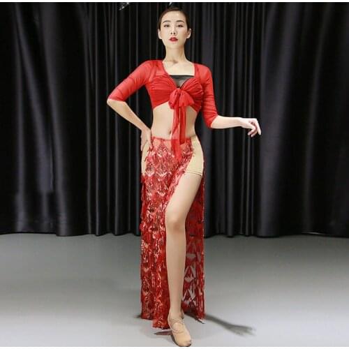 Women Belly Dance fall Summer sexy Half sleeve top Dress Competition Set Top+Skirt 2cps Belly Dance Dance Set