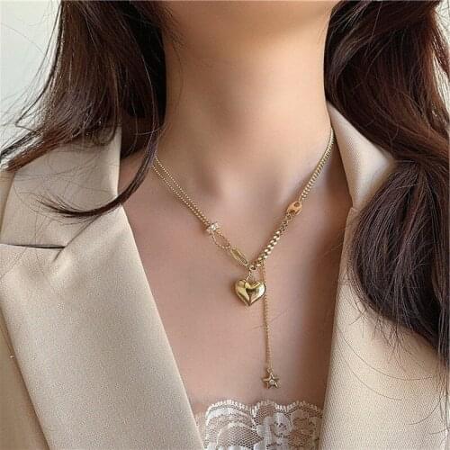 Minimalist Retro Gold Color Heart Pendant Necklace for Women Lady Linked Chain Asymmetric Star Chokers Necklaces Vintage Jewelry