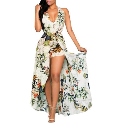 2021 Summer Women Dresses Maxi V-Neck Halter Sleeveless Sexy Tunic Print Flowers Dress Vacation Holiday Beach Lady Casual Robe