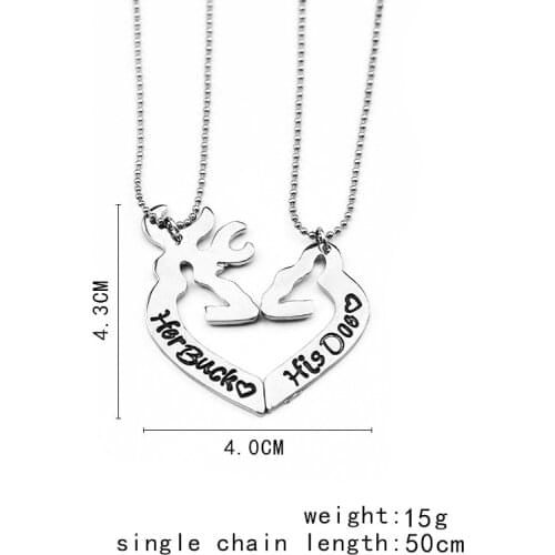 2Pcs/Set Lovers Pendant Necklace Heart Shape Deer Hunting Her Buck His Doe