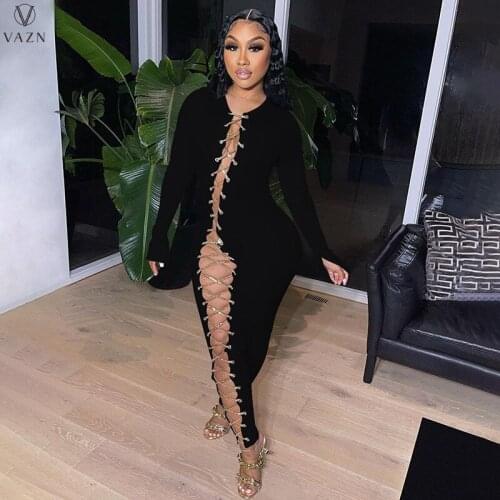 VAZN 2021 European and American Womens Sexy Pure Color High Waist Corns High Waist Split Milk Silk Jumpsuit