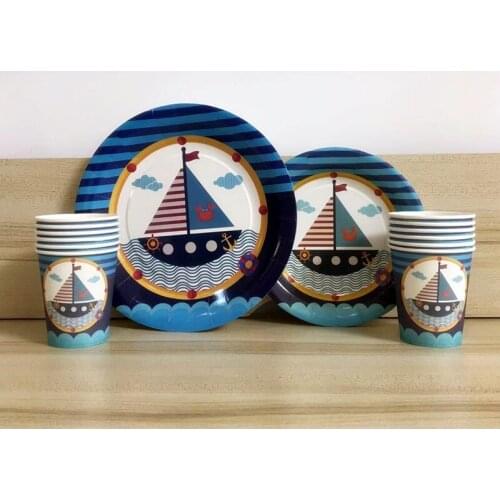 24pcs/set Blue Sailing Boat Theme 6pcs 7inch plates+6pcs 9inch plates+12pcs cups Disposable Tableware Sets For Kids Party Favor