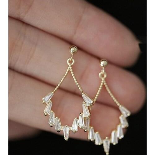 925 Sterling Silver Plated 14K Gold Zircon Geometric Rhombus Elegant Fashion Wedding Shiny Ear Pendant Earrings for Women Gift