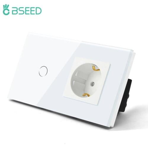 BSEED Touch Screen Light Switch EU Wall Socket Glass 1/2/3Gang 1Way Switch Power Outlet Max.300W/Gang Led Switch Wall Socket 16A