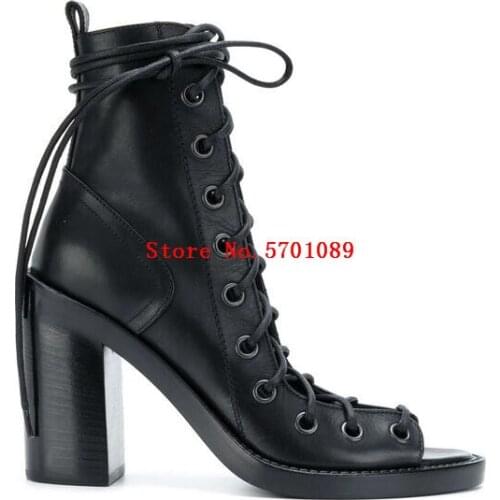 Black Lace-up Sandals Ankle-high Buffed Leather Sandals Almond Peep Toe Zip Closure Stacked Block 10cm Heel Shoes