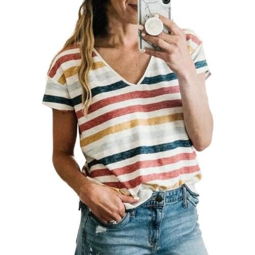 Short Sleeve V-Neck T-Shirt for Women 2021 Summer New Stripe Contrast Fashion Slim Tops