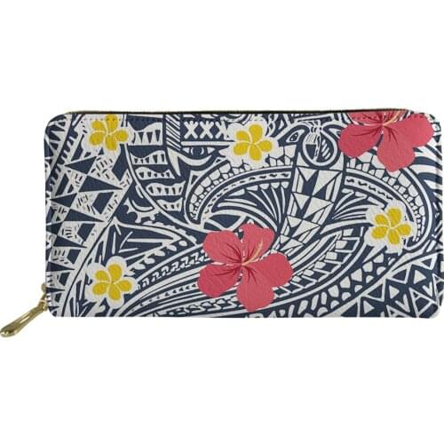INJERSDESIGNS Luxury Leather Wallet Fashion Women Purse Polynesian Print Ms Clutch Female Card Holder Flower Pattern Lady Wallet