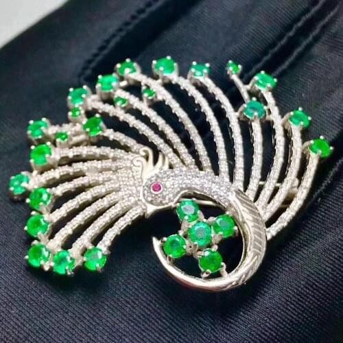 Emerald brooch Free shipping gemstone Natural real emerald 925 sterling silver Brooch