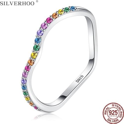 SILVERHOO 925 Sterling Silver Rings Wave Rainbow Color Women Ring Full Cubic Zirconia Fine Jewelry Anniversary Hot Selling Gift