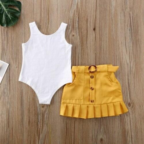 2PCS Toddler Kids Baby Girls White Solid Vest Bodysuits Button Skirt Summer Outfit Set Girls Clothing Set
