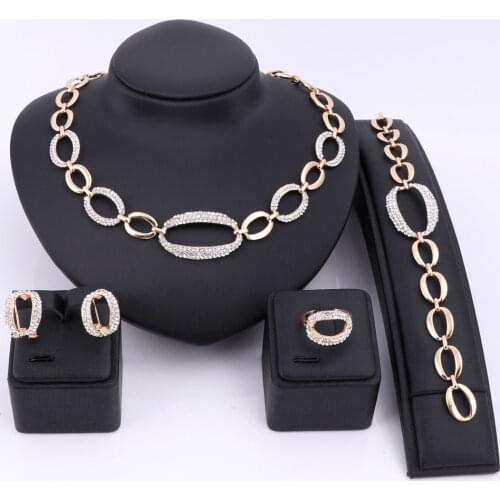 Hot African Jewelry Sets Gold Color Statement Necklace Earrings Bracelet Ring Set For Women Crystal Vintage Party Accessories