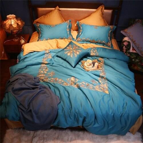 Modern style Embroidery Duvet Cover Set Ultra Soft Silky Egyptian Cotton Bedding Set Golden blue Bedlinen set Queen King size 4