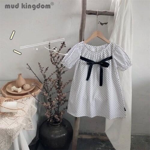 Mudkingdom Summer Girls Dot Dress Bow Short Puff Sleeve A-line Princess Dresses for Little Girl Square Collar Children Clothing