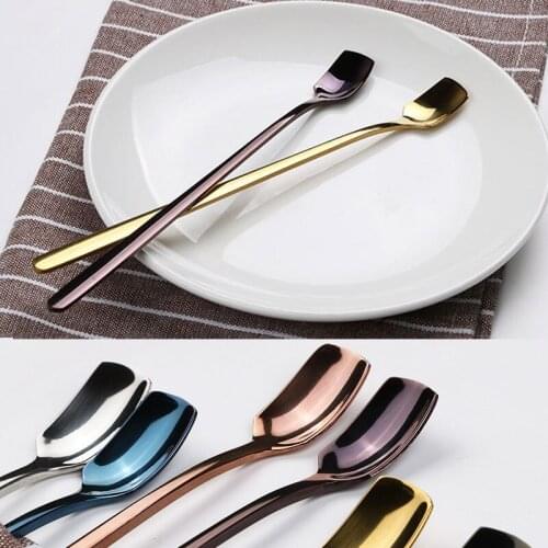 Newly 15/17CM Stainless Steel Square Shape Stirring Spoon Flatware Ice Tea Dessert Spoons Long Handle Tableware Kitchen Scoops