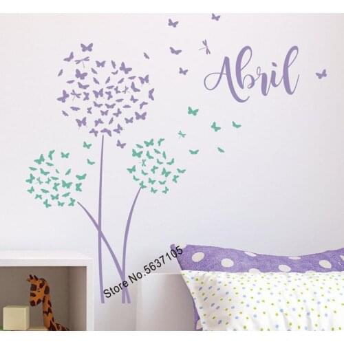 Makeyes Dandelion Butterflies Wall Decal Custom Names Wall Sticker Home Girls Bedroom Decoration Vinyl Wall Decor Decals Q667