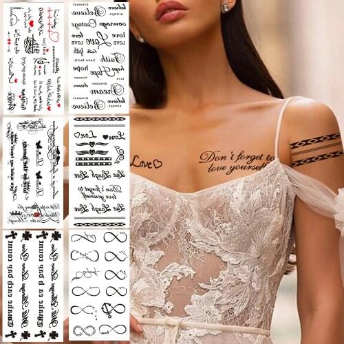 Minimalist Letter Temporary Tattoo For Children Women Small Word Tattoos Sticker Black Endless Heart Fake Tatoos Chains Clavicle