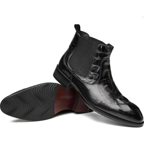 Genuine Leather Pointed Toe Slip On Winter New Fashion Plat Chelsea Boots Men Black Red Male Shoes High Quality Footwear Scarpe