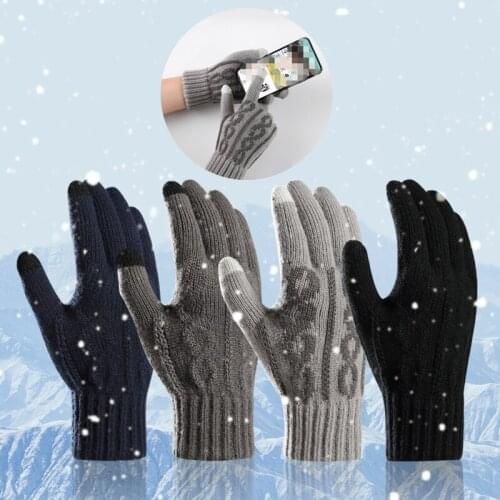 Screen Gloves Knitted Velvet Autumn Winter Gloves For Men Women Black Gray Geometric Pattern Work Gloves Mittens