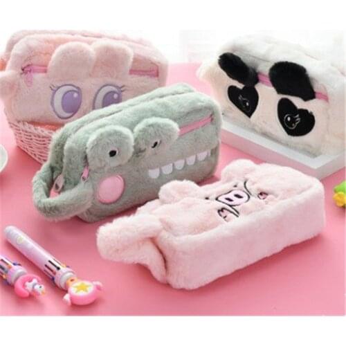 Portable plush pencil case cute animal pencil bag School stationery bag Double layer pen case prize kawaii pen bag girl handbag