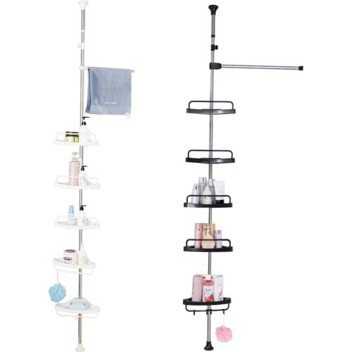 BAOYOUNI 5 Tier Adjustable Corner Shower Caddy Shampoo Organizer Telescopic Pole Bathroom Rack with Towel Bar Ivory Black