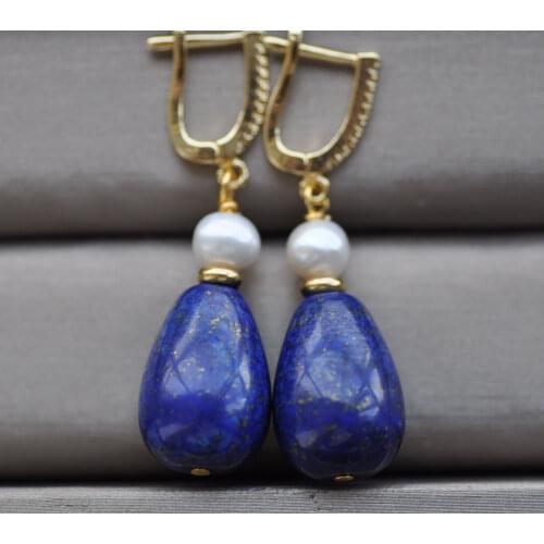 S2485 18mm Blue Drop lapis-lazuli White Pearl Dangle Earring CZ