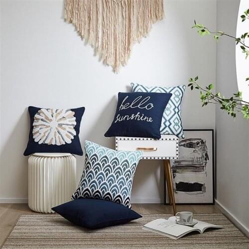 Blue All Series Pillow Cover Brushed Pure Cotton Canvas Towel Embroidery Pillow Cover For Sofa Bed Car Home Decor 45x45cm