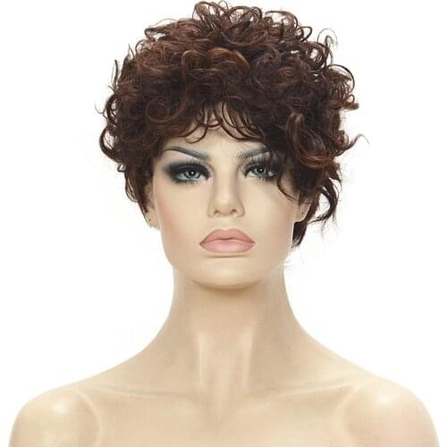 StrongBeauty Womens Wigs Asymmetrical Side Bang Short Curly Synthetic Hair Brown/Black wig for black women
