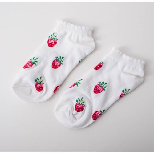 2021 Summer Womens Fashion Cotton Casual Socks 1 Pair White Strawberry Cartoon Crew Ankle Socks EU 35-43 Size