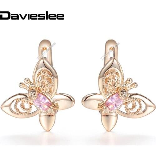 Davieslee Womens Lady Stud Earrings Animal Shape Pink CZ 585 Rose Gold Filled Snap Closure LGE67