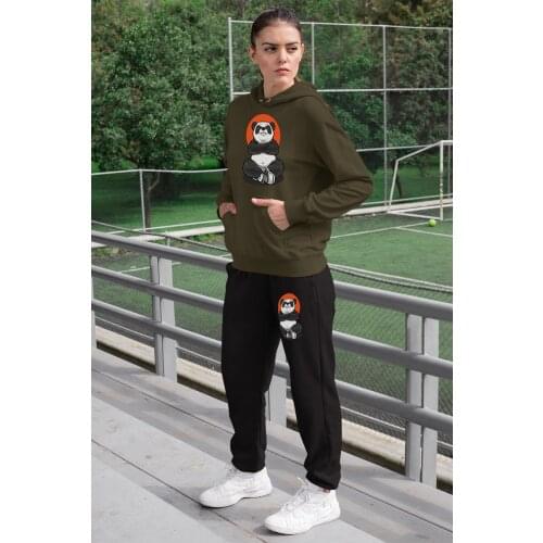 Angemiel Wear Fighter Panda Women 'S Tracksuit Set Green Hooded Sweatshirt Black Sweatpants