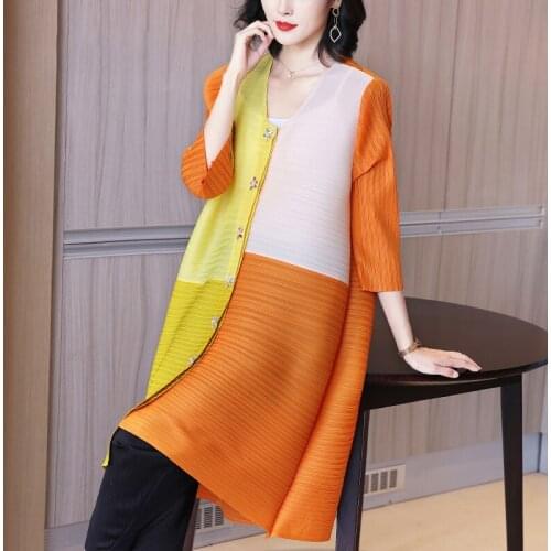 Plus Size Dress Spring For Women 45-75kg Simple Patchwork Round Neck Loose Stretch Miyake Pleated Clothes Above The Knees