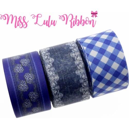 1-1/2"38mm Jeans Series Lace Flower Patterns Printed Grosgrain Ribbon Geometric Denim Like DIY Party Decor 10yards/roll Hair Bow