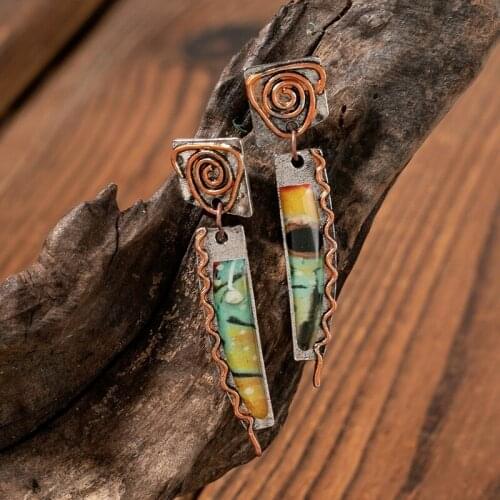 2021 Wholesale European American Retro Creative Spiral Colored Glass Earrings Bohemian Bronze Polymer Personality Drop Earrings