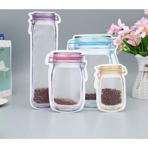 500Pcs Reusable Food Storage Zipper Bags Mason Jar Shape Snacks Food Saver Leak-proof Bags Kitchen Organizer Bags SN761