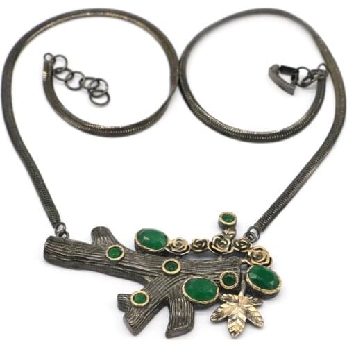 61x37mm Neo-Gothic Vintage tree Real Green Emerald Pink Tourmaline Violet Tanzanite Black Gold 925 Sterling Silver Necklace