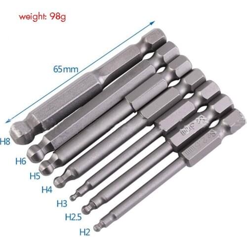 7PCS/Set 65mm Magnetic Ball End Screwdriver Bits for Screwdriver 1/4" Hex Shak H2-H8 Alloy Steel S2 Electric Screwdriver Bits
