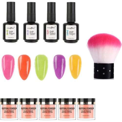 9pcs Nail Dipping Powder Starter Kit Top Coat Gel Base Desiccant And 5 Color Dip Powder Brush Cleaning Solution Set