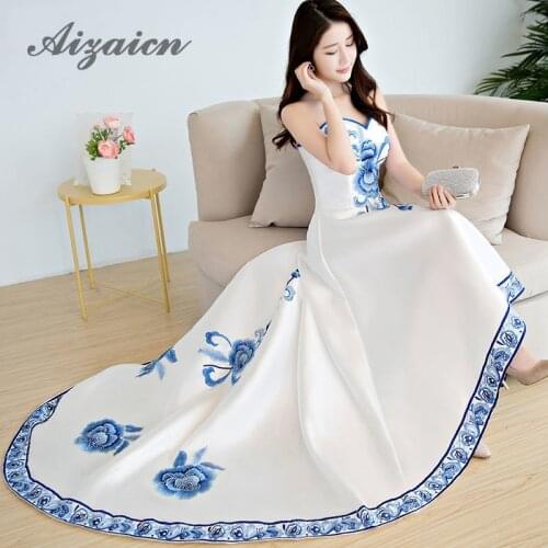 White Porcelain Chinese Evening Dress Strapless Sleeveless Cheongsam Wedding Sexy Applique Party Dresses Qipao Long Traditional
