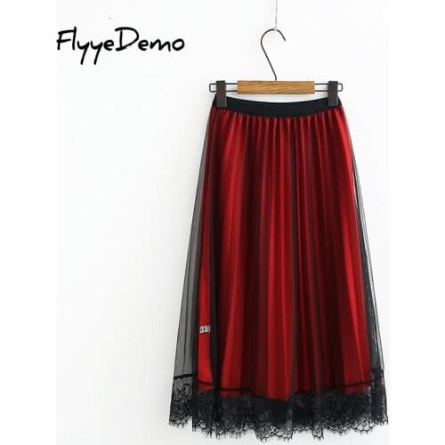 Two Side Wear Velvet Mesh Pleated Skirt Women Autumn Spring Hight Elastic Waist Midi Skirts Women Elegant Long Skirt Plus Size